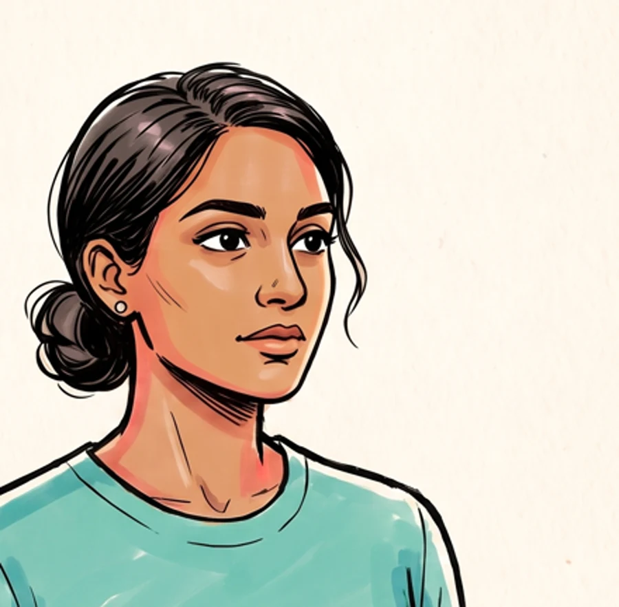 Priya, a resident physician, drawn in ink and marker