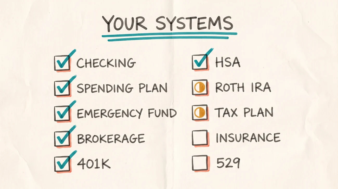 A hand-drawn checklist of ten money systems with some boxes ticked in teal
